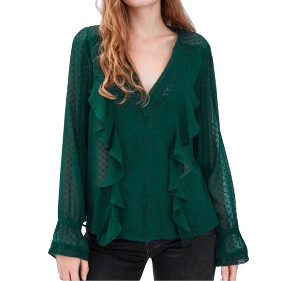 Zara green swiss dot ruffle blouse - Picture 1 of 10